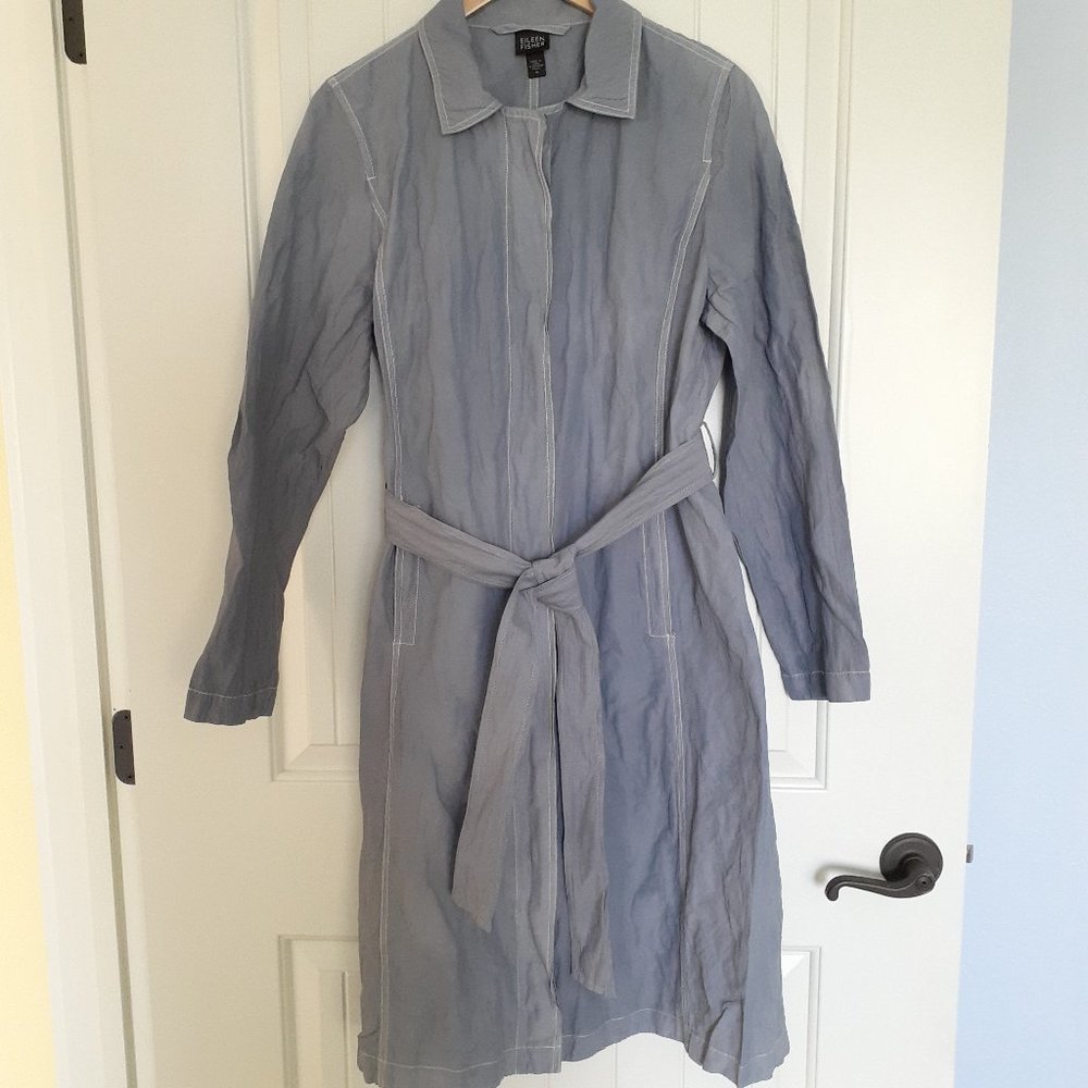 Eileen Fisher Rumpled Cotton Steel Trench Coat Blue Size M
